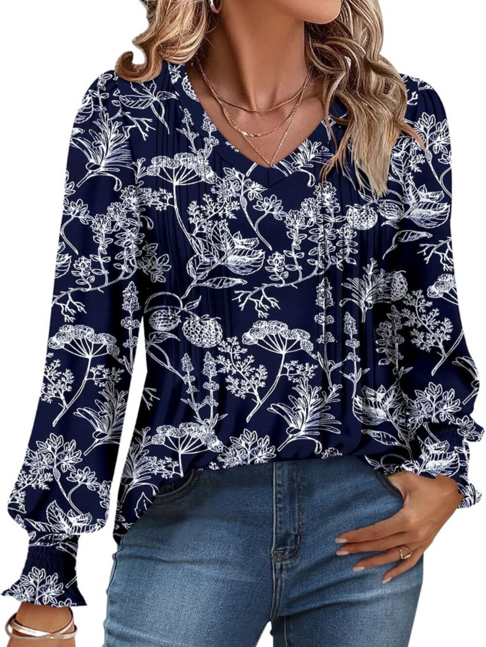 New V Neck Puff Long Sleeve T-Shirt